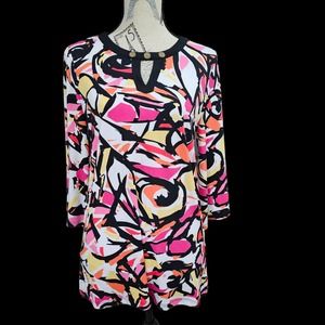 Ann Klein  Small Tunic‎ Blouse Multicolor 3/4 Bell Sleeve Key Hole Neck